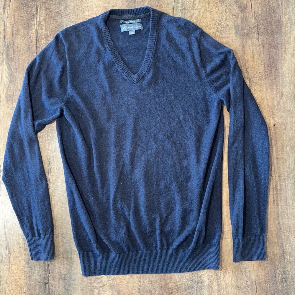 Eddie Bauer Cotton Cashmere Sweater Mens Navy Blue V-Neck Pullover Sz Tall Large